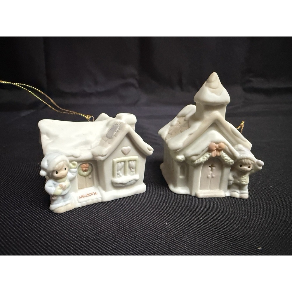 2 Vintage Precious Moments Porcelain Christmas Ornaments House Church 530468